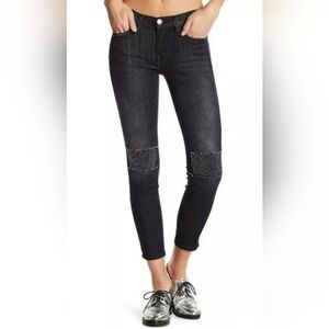 Current/Elliott Black Studded Knee Stret Skinny Jeans Distressed Raw Hem Size 27